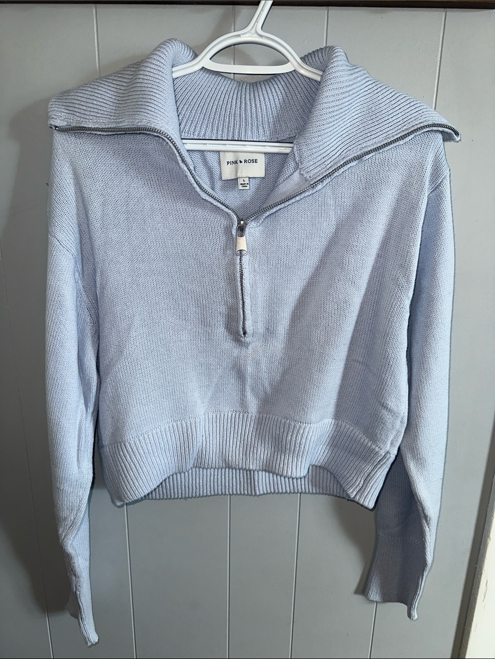 Cropped Light Blue Half-Zip Turtleneck Sweater